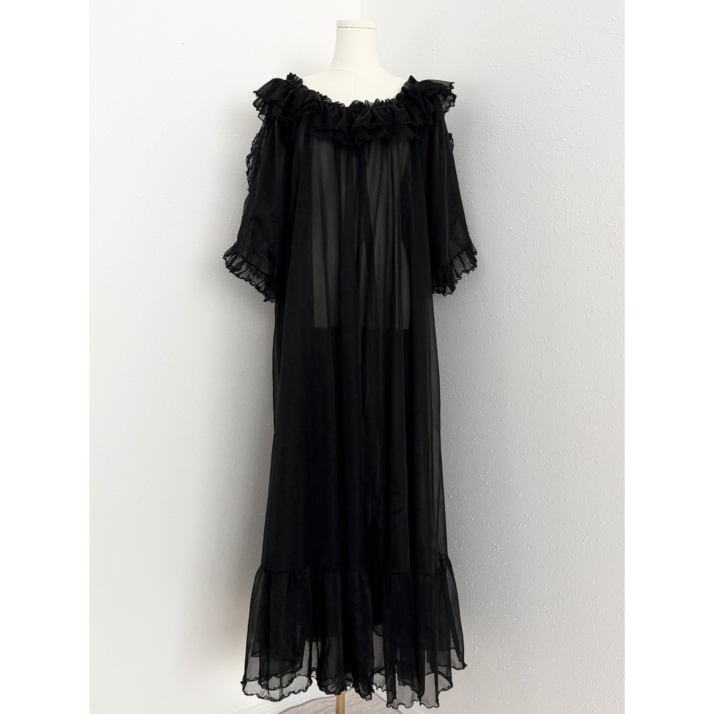 Vtg Black Sheer Chiffon Ruffle Maxi Robe Old Hollywood Boudoir Romantic Goth XX